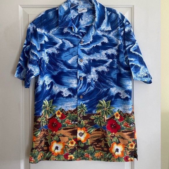 Hawaiian Aloha Good Vibes Floral Beach button down casual shirt size LARGE - Picture 1 of 6
